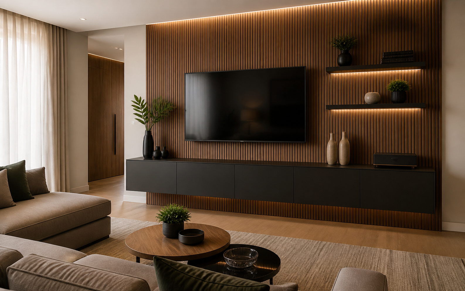 Imagem ilustrativa de sala planejada com painel de TV e movel suspenso